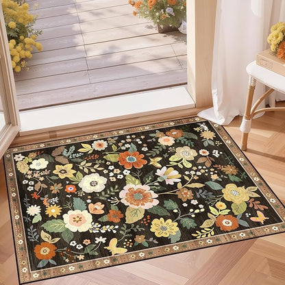 RELEANY Floral Washable 2x3 Area Rugs Doormat Black/Yellow | Flower Carpet by RELEANY