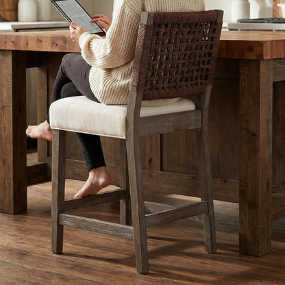 27-Inch Midcentury Modern Counter Stools, Wooden Wicker Stool Chairs - Image 4