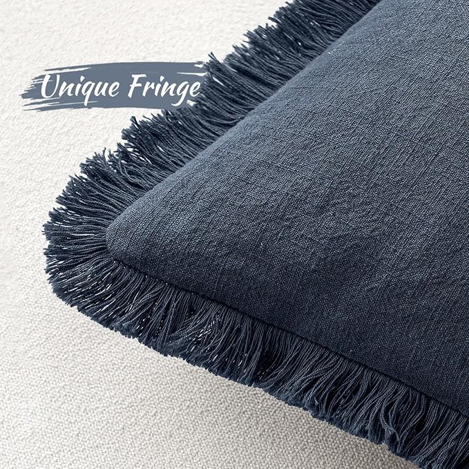MIULEE Linen Fringe Decorative Euro Throw Pillow Covers Indigo Blue 24x24 | Set - Image 3