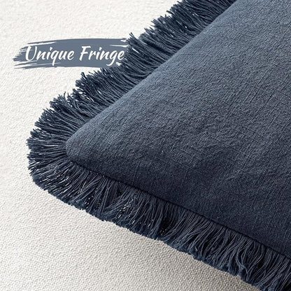 MIULEE Linen Fringe Decorative Euro Throw Pillow Covers Indigo Blue 24x24 | Set - Image 3