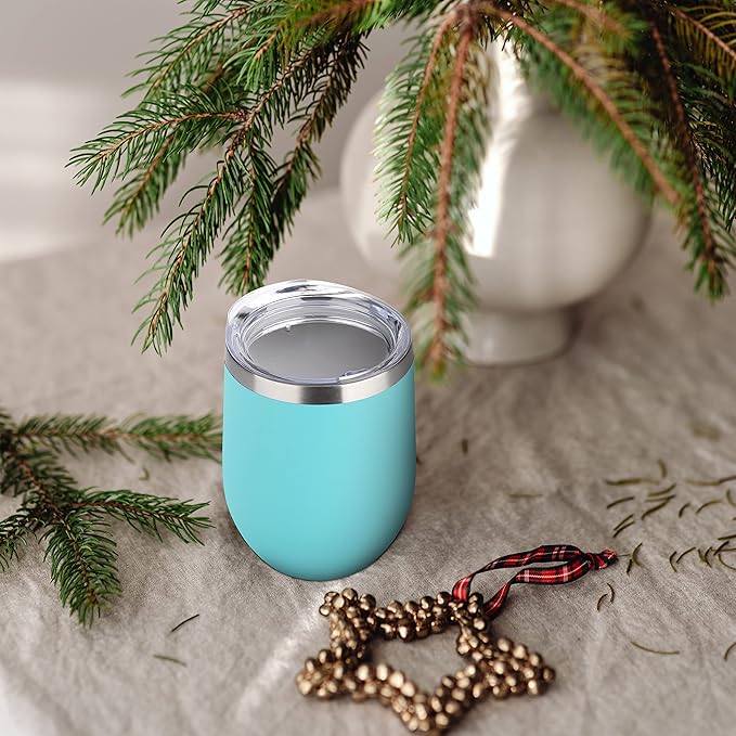DOMICARE Stainless Steel Wine Tumbler Bulk with Lid, Personalized Insulated Tumblers Set, 12oz Travel Coffee Cups Pack of 4, Light Blue