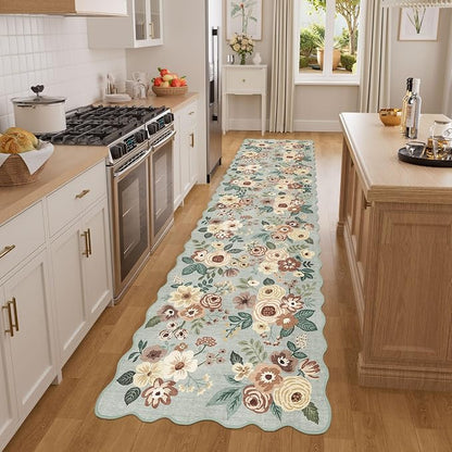 DUKINO 2x8 Washable Runner Rug, Floral Non Slip Kitchen Rugs, Sage Green | Low - Image 3