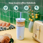 REDUCE Aspen 20 oz Vacuum Insulated Glass Tumbler with Lid & Extra Wide Straw - Keeps Drinks Cold for 12 Hrs - Ideal for Iced Coffee, Smoothies & Boba - Dishwasher Safe, Soft Base - Sand