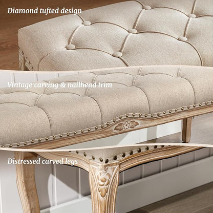 Cozyman Bedroom Bench, French Vintage Tufted Entryway 52.5" Carving Upholstered - Image 4