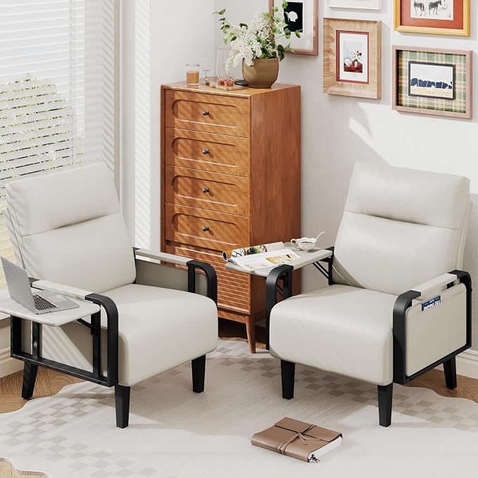 Andeworld Modern Beige Accent Chair Set of 2, PU Leather Upholstered Armchair - Image 3