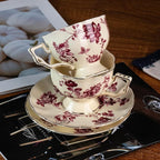 KAMMAK Tea Cups and Saucers Set of 2, Porcelain Coffee Cups, 6.8-Ounce Stackable Espresso Mugs, Ceramic Demitasse for Coffee, Latte, Americano, Tea, Red Orchid