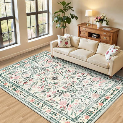 PLHXFR Area Rug Living Room: 5x7 Floral Washable Boho Carpet Green Beige | by PLHXFRSoftAreaRugs