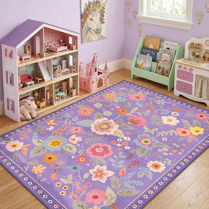 RELEANY Floral Washable 3x5 Area Rugs Purple/Pink | Flower Carpet Print Boho - Image 2