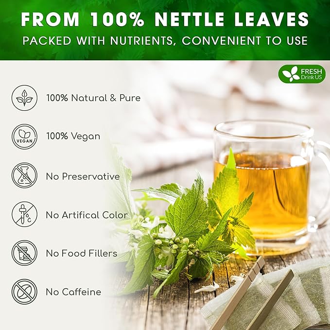 FreshDrinkUS, 55 Nettle Leaf Tea Bags, 100% Natural & Pure from Nettle Leaves. Loose Leaf Nettle Herbal Tea. Nettle Leaf Tea. No Sugar, No Caffeine, No Gluten, Vegan.