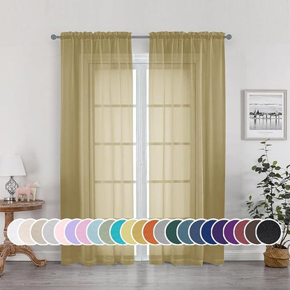 Gold Sheer Curtains 72 Inches Long 2 Panels Set, Transparent Light Filtering by OWENIE
