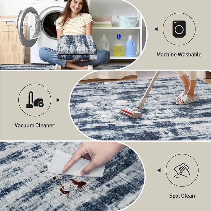 5x7 Area Rugs for Living Room: Washable Abstract Blue Grey Badroom Carpet | - Image 4