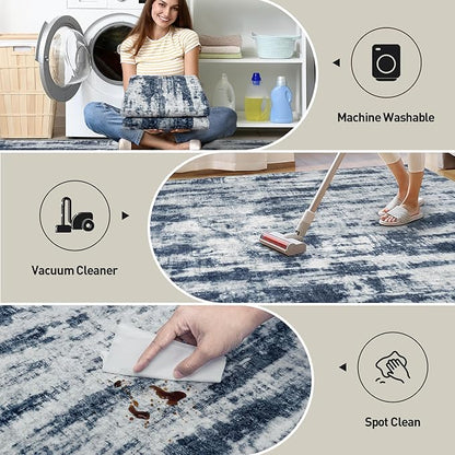 2'6''x8' Runner Rugs Washable Rug: Modern Abstract Hallway Blue Grey Carpet | - Image 4