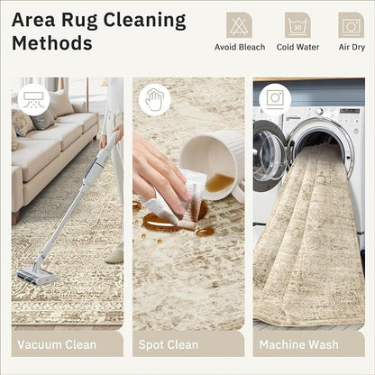 Soalmost 5x7 Area Rugs Light Brown Washable Trendy Faded Style Floral Rugs | - Image 8