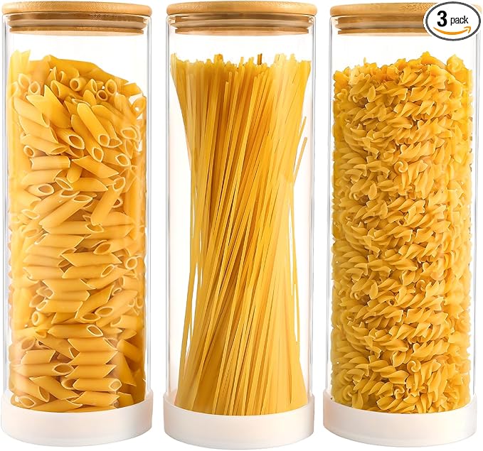 73oz Round Glass Storage Containers with Bamboo Lids – 3 Pack Large Airtight Clear Food Jars for Pantry Organization, Kitchen Dry Food, Flour, Pasta, Coffee Beans, Staples & Snacks