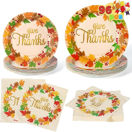 JOYIN 100Pcs Thanksgiving Paper Plates and Napkins Disposable Dinnerware Set for 25 Guests Give Thanks Theme Party Supplies Happy Thanksgiving Autumn Tableware Set