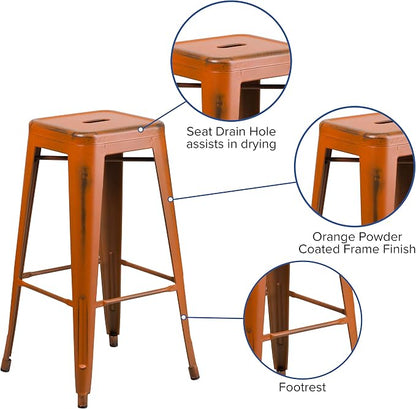 Flash Furniture Kai Commercial Grade 30" High Backless Distressed Orange Metal - Image 4