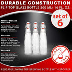 AYL Flip Top Glass Bottle [16 fl. oz./Pack of 6]– Swing Top Brewing Bottle with Stopper for Beverages, Oil, Vinegar, Kombucha, Beer, Water, Soda, Kefir – Airtight Lid & Leak Proof Cap – Clear