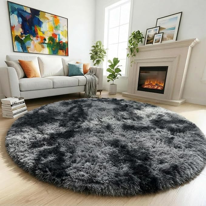 Amdrebio Tie-Dyed Dark Grey Cool Round Rug 4Ft by Amdrebio