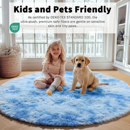 Tie-Dye Blue Round Rug 4ft, Fluffy Soft Circle Area Rugs - Image 5