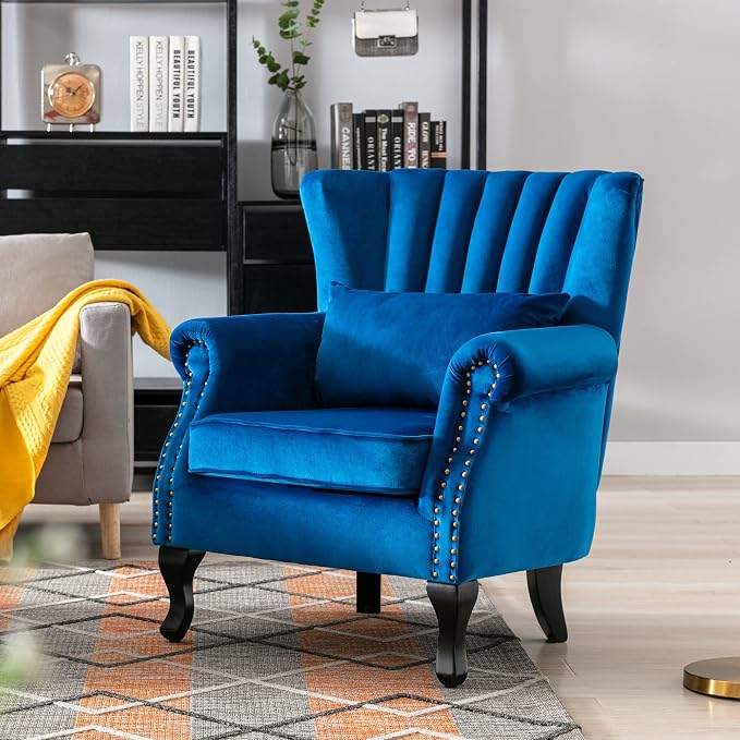 Mid Century Accent Chair Modern Tufted Wingback Armchair Club Chair Velvet - Image 2