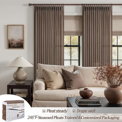 Dark Brown Pleated 90 Inch Bedroom Curtains 2 Panels Set, Memory Shape Pinch - Image 5
