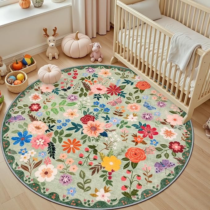 PLHXFR Round Area Rug Living Room: 4 ft Floral Washable Soft Carpet Green | - Image 5