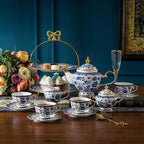 ACMLIFE Bone China Tea Set for 6, Blue and White Tea Set for Adults 24K Gold, Vintage Floral British English Cups and Saucers for Women Party or Gift Giving (Blue)