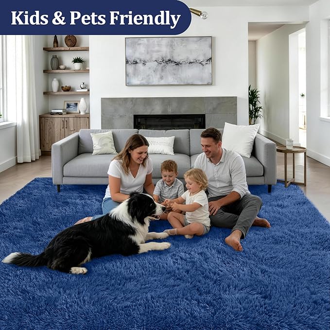Area Rug Living Room Bedroom: 4x6 Fluffy Plush Shag Carpet Blue | - Image 4