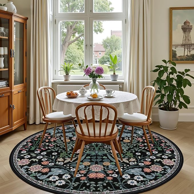 PLHXFR Round Area Rug Living Room: 4 ft Floral Washable Carpet Dark Black | - Image 4