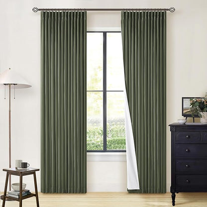 Olive Pinch Pleated 100% Blackout Linen 80 Inch Window Curtains | Room by Twodrapes