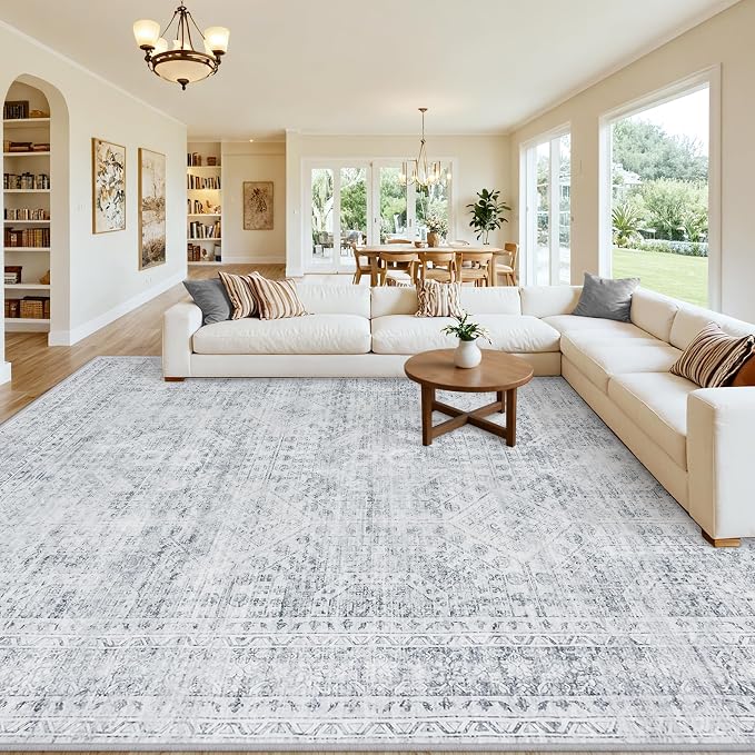 Area Rugs 9x12 Living Room: Bedroom Neutral Washable Carpet Gray | Vintage Boho - Image 8
