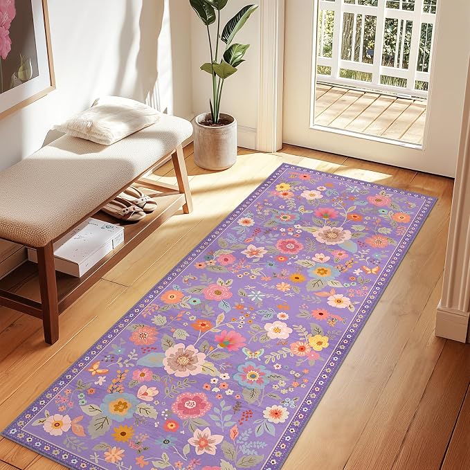 Floral Washable 2x8 Area Rugs Runner Entryway Hallway Purple/Pink | Flower - Image 6