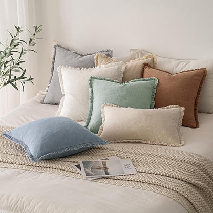 MIULEE Boho Linen Fringe Decorative Throw Pillow Covers Aqua Green 20x20 | Set - Image 6