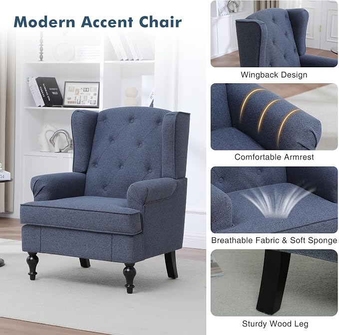 Accent Chair for Living Room, Mid Century Modern Upholstered Armchair, Wingback - Image 5