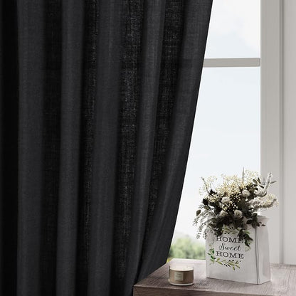 Black Linen Blend Semi Sheer Curtains 86 Inches Long 2 Panel Set Pocket Back - Image 2