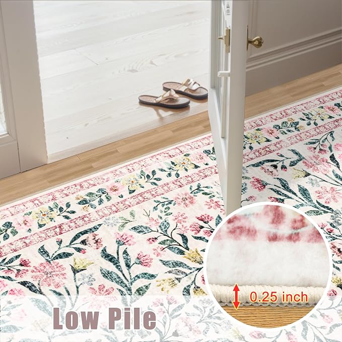 PLHXFR 8x10 Area Rug Living Room: Floral Washable Boho Carpet Pink Green | - Image 9