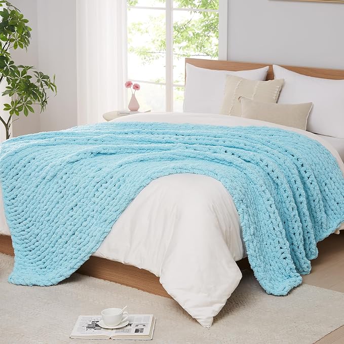 L'AGRATY Chenille Chunky Knit Blanket, Light Blue, Heavyweight Throw Blanket by LAGRATY