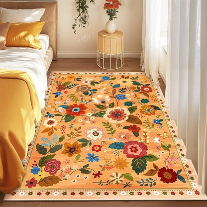 RELEANY Floral Washable 5x7 Area Rugs Yellow/Orange/Red | Flower Carpet Print - Image 6