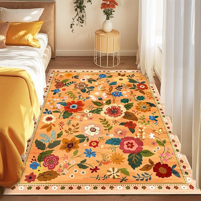RELEANY Floral Washable 4x6 Area Rugs Yellow/Orange/Red | Flower Carpet Print by RELEANY