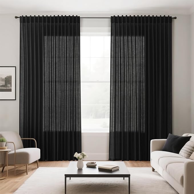 Black Large Window Curtains Light Filtering Semi Sheer Privacy Linen Textured - Image 7