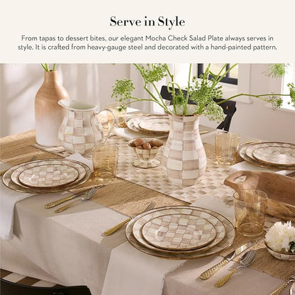 MACKENZIE-CHILDS Enamel Salad and Dessert Plate, Small Plate for a Dessert or Appetizer Dish, 8 Inches, Brown-and-White Mocha Check