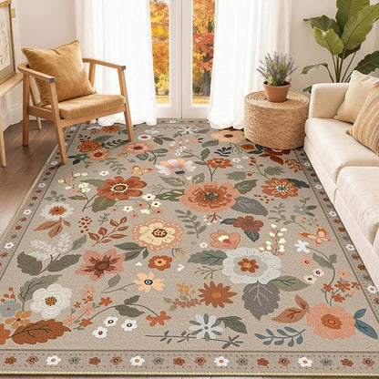 RELEANY Floral Washable 6x9 Area Rugs Brown/Brick | Flower Carpet Print Boho - Image 2