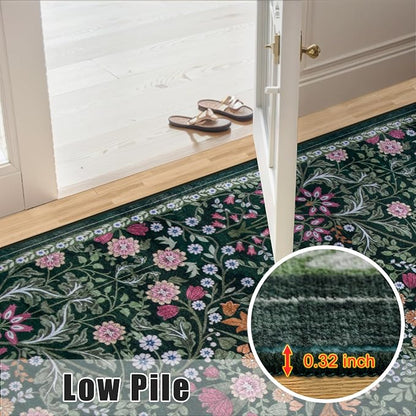 PLHXFR 2x3 Small Entryway Rug: Floral Washable Indoor Carpet Dark Green | - Image 9