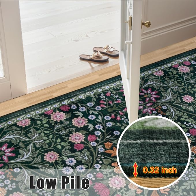 PLHXFR Area Rug 10x12 Living Room: Floral Washable Boho Carpet Dark Green | - Image 8