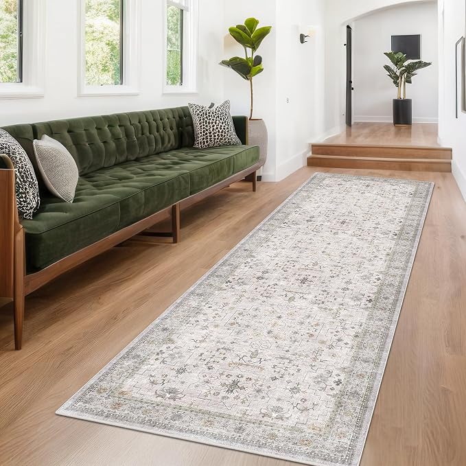 Washable 8ft Long Runners for Hallways, 2x8 Light Gray & Sage Kitchen Runner Rug - Image 3