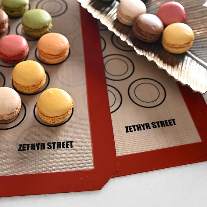 Macaron Silicone Baking Mats - Non-Stick Macaron Mat for Easy Baking | Heat Resistant & Dishwasher Safe Macaron Baking Mat | Reusable & Eco-Friendly, 3/4 Size - Pack of 3 - For Macarons Red Border