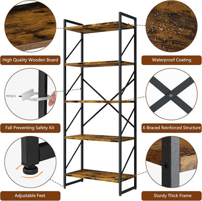 Shintenchi 2 Pieces 5 Tiers Bookshelf, Classically Tall Bookcase Shelf - Image 7