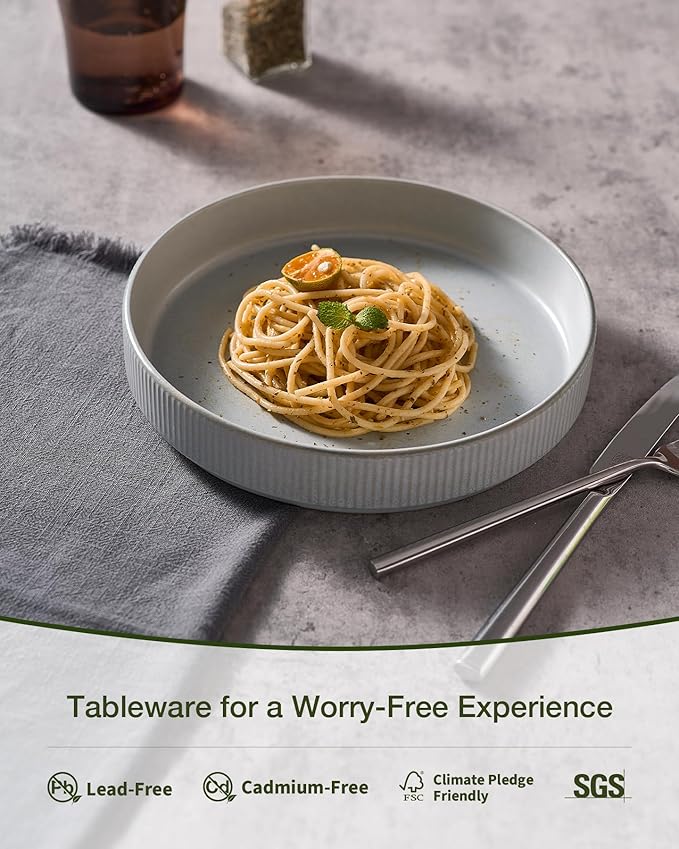 famiware Star 8.25" Pasta Bowls, Large Dinner Bowls Set of 4, Salad Bowl Plates, Shallow Bowls for Eating, Light Gray