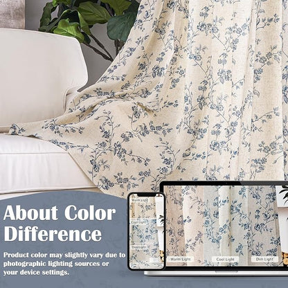 Blue Vintage Floral Linen Curtains Farmhouse 50W X 63L 2 Panels | Elisa Series - Image 6