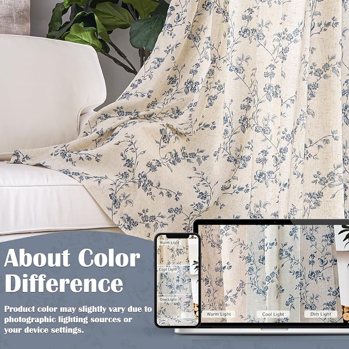 Extra Long Blue Vintage Floral Linen Curtains Farmhouse 2 Panels | Elisa - Image 6
